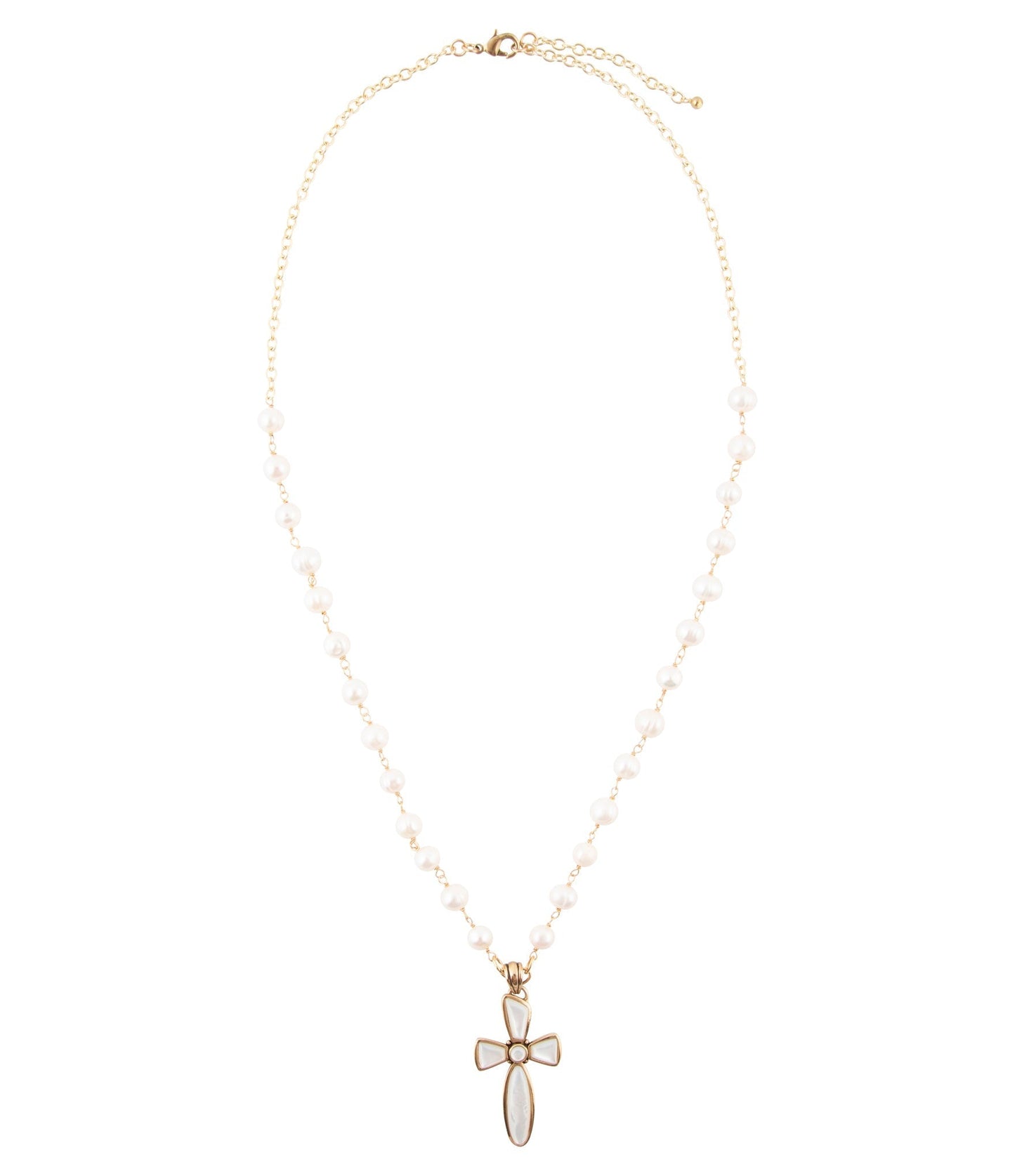 Golden Bronze Chain and White Pearl Cross Pendant Necklaces