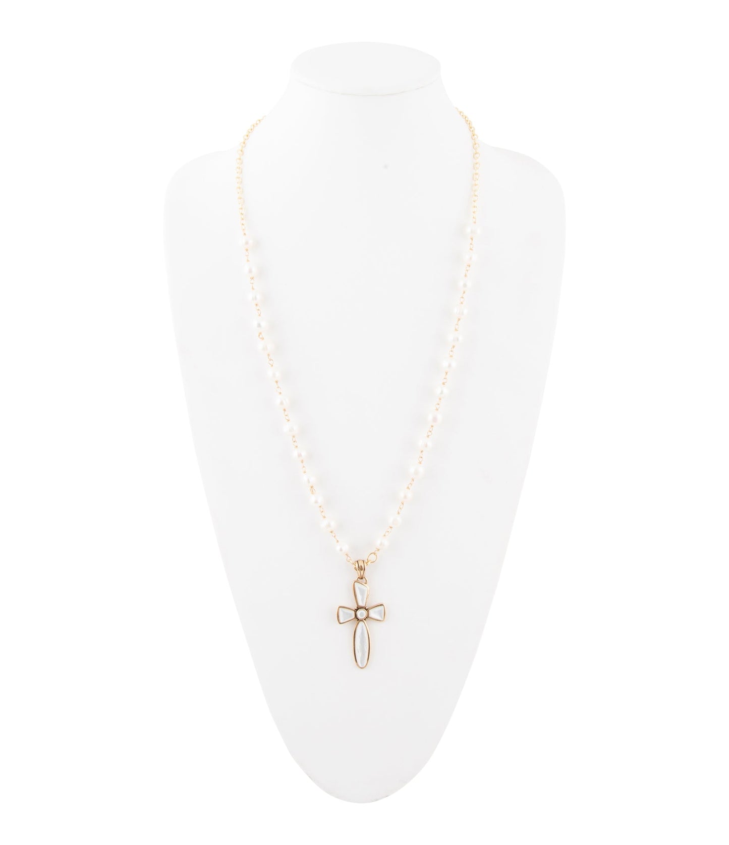 Golden Bronze Chain and White Pearl Cross Pendant Necklaces